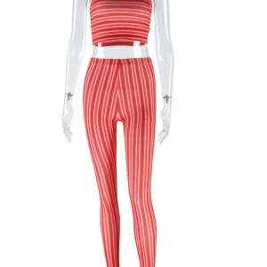 Red Striped Two-Piece Set: Crop Tank Top & Pencil Pants