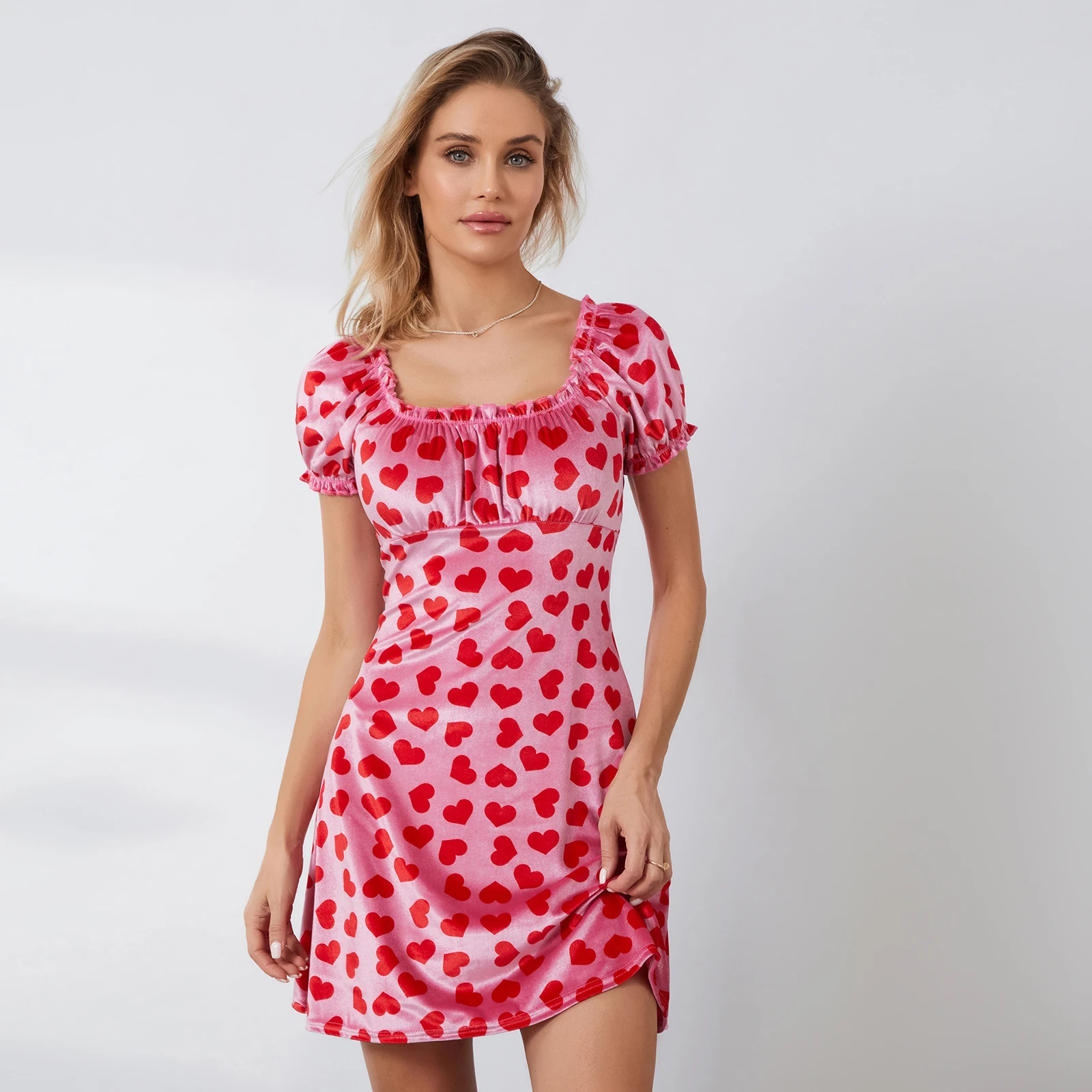 Red Velvet Heart Pattern Babydoll Mini Dress for Valentine's Day