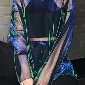 Reflective Egirl Long Sleeve Crop Top for Women, Sexy See-Through T-Shirt, Y2K Club Outfit