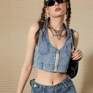 Retro Blue Denim Sleeveless Vest Women's Fashion Tank Top