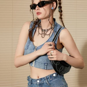 Retro Blue Denim Sleeveless Vest Women's Fashion Tank Top