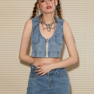 Retro Blue Denim Sleeveless Vest Women's Fashion Tank Top