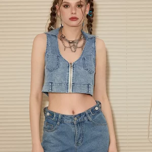 Retro Blue Denim Sleeveless Vest Women's Fashion Tank Top