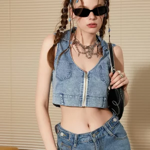 Retro Blue Denim Sleeveless Vest Women's Fashion Tank Top