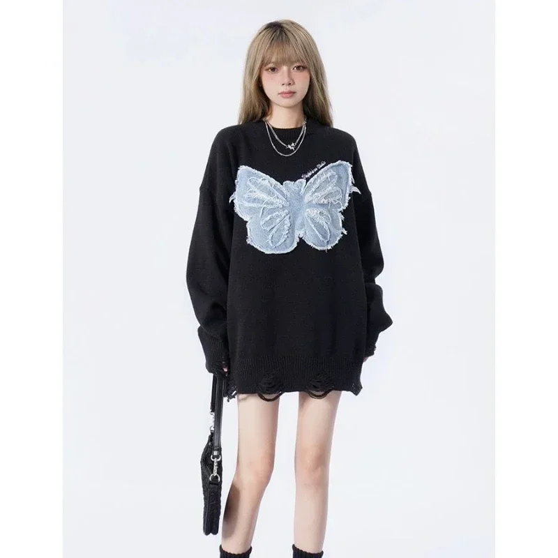 Retro Denim Butterfly Embroidery Sweater | Women's Autumn Trend | Y2K Style | Small Size Pullover