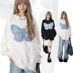 Retro Denim Butterfly Embroidery Sweater | Women's Autumn Trend | Y2K Style | Small Size Pullover