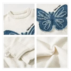 Retro Denim Butterfly Embroidery Sweater | Women's Autumn Trend | Y2K Style | Small Size Pullover