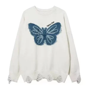 Retro Denim Butterfly Embroidery Sweater | Women's Autumn Trend | Y2K Style | Small Size Pullover