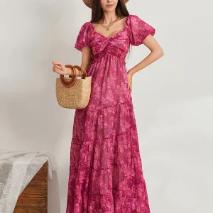 Retro Floral Print Swing Long Dress with Puff Sleeves and Sweetheart Neckline