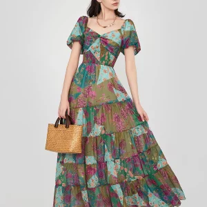 Retro Floral Print Swing Long Dress with Puff Sleeves and Sweetheart Neckline