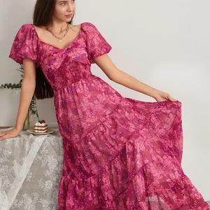 Retro Floral Print Swing Long Dress with Puff Sleeves and Sweetheart Neckline