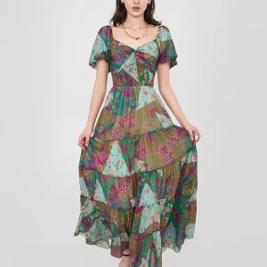 Retro Floral Print Swing Long Dress with Puff Sleeves and Sweetheart Neckline