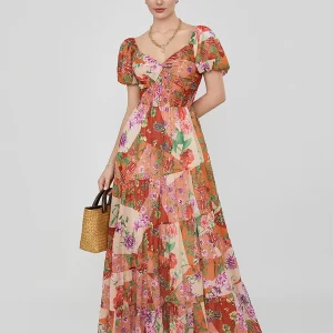 Retro Floral Print Swing Long Dress with Puff Sleeves and Sweetheart Neckline