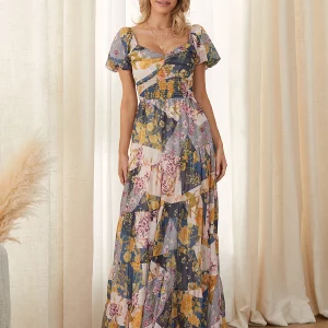 Retro Floral Print Swing Long Dress with Puff Sleeves and Sweetheart Neckline