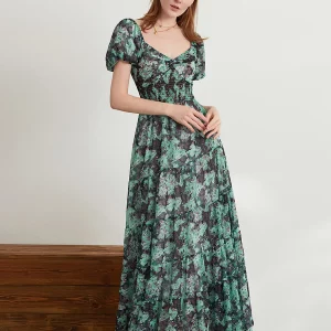 Retro Floral Print Swing Long Dress with Puff Sleeves and Sweetheart Neckline