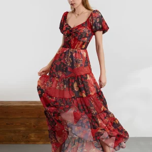 Retro Floral Print Swing Long Dress with Puff Sleeves and Sweetheart Neckline