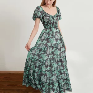 Retro Floral Print Swing Long Dress with Puff Sleeves and Sweetheart Neckline