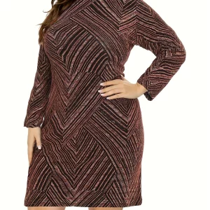 Retro Geo Print Plus Size Long Sleeve Midi Dress