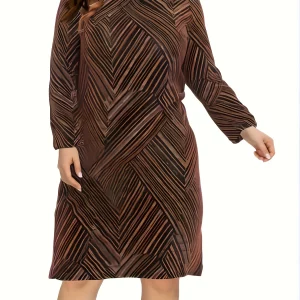 Retro Geo Print Plus Size Long Sleeve Midi Dress