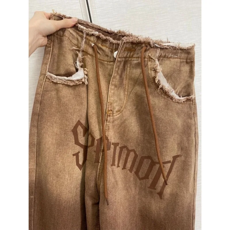 Retro Gradient Drawstring Wide Leg Jeans for Women