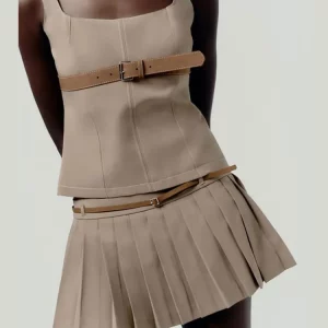 Retro Leather Belt Buckle Vest Skirt Set with Square Collar - Sleeveless Tank & Pleated Mini Skirt