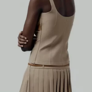 Retro Leather Belt Buckle Vest Skirt Set with Square Collar - Sleeveless Tank & Pleated Mini Skirt