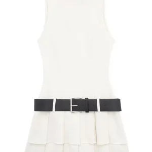 Retro Leather Belt Buckle Vest Skirt Set with Square Collar - Sleeveless Tank & Pleated Mini Skirt