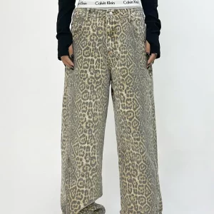 Retro Leopard Print High Waist Baggy Jeans for Women