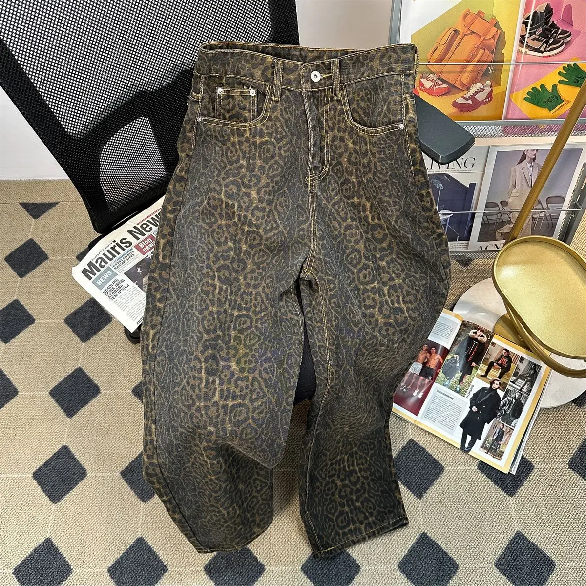 Retro Leopard Print High Waist Baggy Jeans for Women