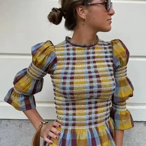 Retro Plaid Ruffle Pleated Women's Shirt with Puff Sleeves