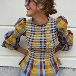 Retro Plaid Ruffle Pleated Women's Shirt with Puff Sleeves