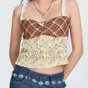 Retro Plaids Floral Patchwork Tie-up Vest Women's Streetwear