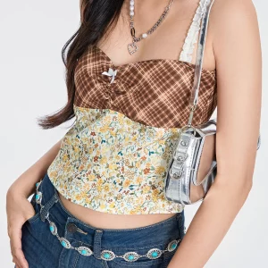 Retro Plaids Floral Patchwork Tie-up Vest Women's Streetwear