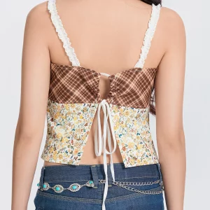 Retro Plaids Floral Patchwork Tie-up Vest Women's Streetwear