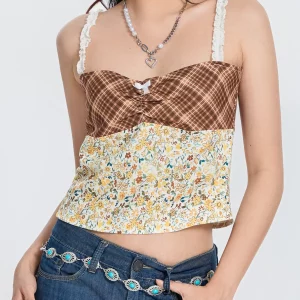 Retro Plaids Floral Patchwork Tie-up Vest Women's Streetwear