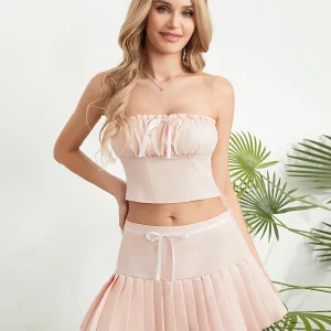 Retro Summer Tube Top Skirt Set with Bow Detail