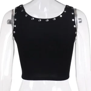 Rhinestone Letter Black Vest Women Sleeveless Crop Top