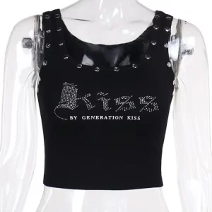 Rhinestone Letter Black Vest Women Sleeveless Crop Top