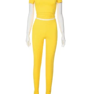 Ribbed 2-Piece Women's Casual Set: V-Neck Tee & High Waist Pants - 2024 Fitness