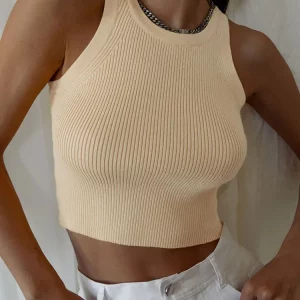 Ribbed Midriff-Baring Tank Top for Women | Summer Elastic O Neck Camisole