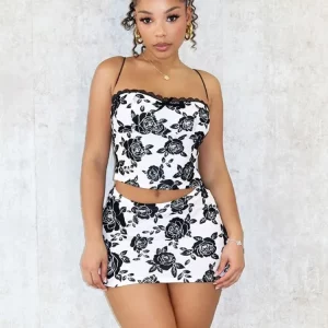 Rose Print 2-Piece Women's Sexy Crop Top & Mini Skirt Set for 2024 Summer Parties