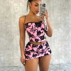 Rose Print 2-Piece Women's Sexy Crop Top & Mini Skirt Set for 2024 Summer Parties