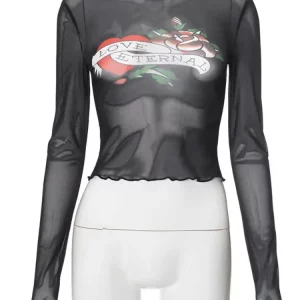 Rose Print Mesh Black T-Shirt | Women's Sexy See-Through O-Neck Crop Top | Long Sleeve Slim Fit