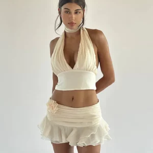 Ruffle Halter Crop Top and Mini Skirt Set for Women