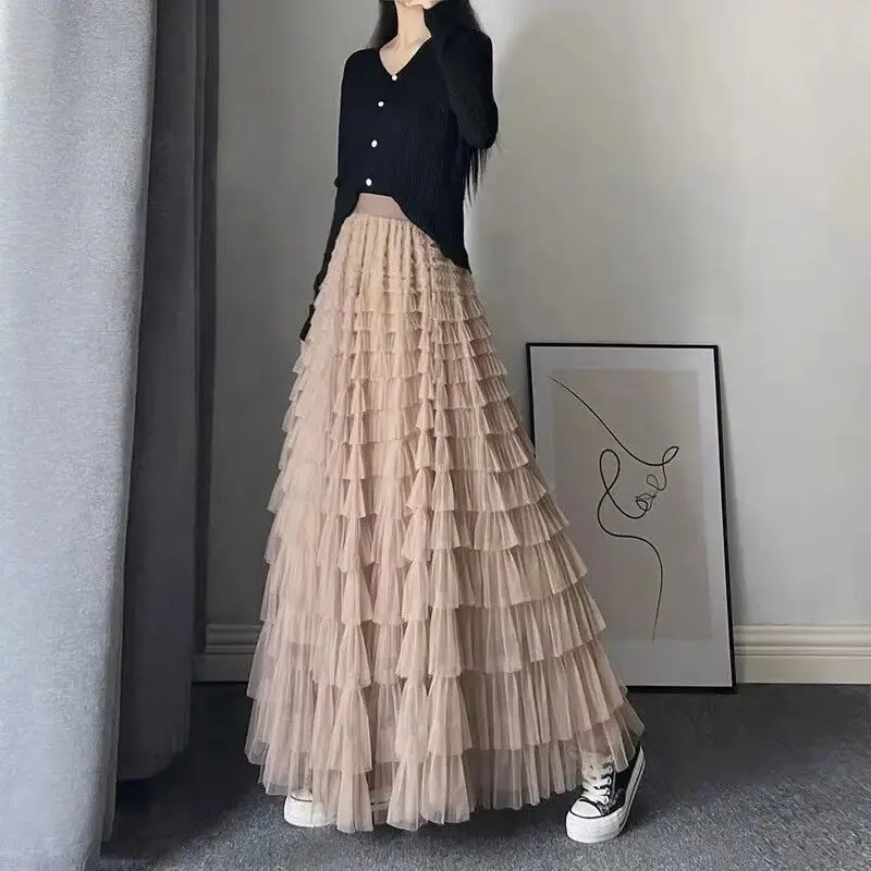 Ruffle Layered Tulle A-line Skirt for Women, High Waist