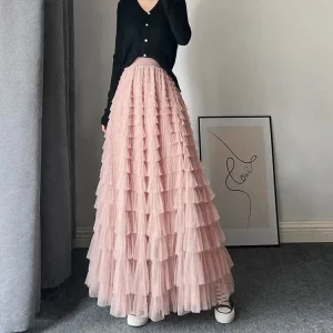 Ruffle Layered Tulle A-line Skirt for Women, High Waist