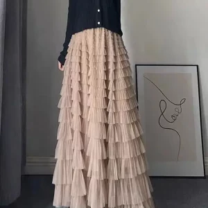 Ruffle Layered Tulle A-line Skirt for Women, High Waist