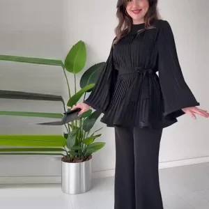 Ruffle Top & High-Waist Pants Set | Elegant Flare Sleeve Pleated Blouse & Solid Trousers |