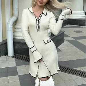 Ruffled Knit Dress Women's Spring 2024 | Ribbed Long Sleeve Lapel Gown | High Waist Mini Dress