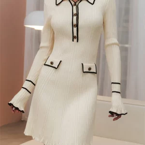 Ruffled Knit Dress Women's Spring 2024 | Ribbed Long Sleeve Lapel Gown | High Waist Mini Dress